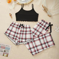 3Pcs Women's Pajama Set Camisole Shorts Trousers Three-Piece Bow Tie Home Wear Set Plaid Print Sleepwear for Women Christmas pjs