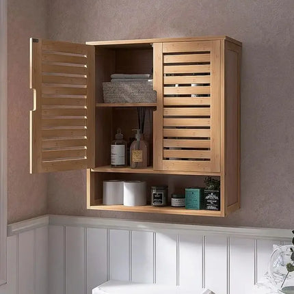 Natural Bamboo Wall-mounted Bathroom Cabinet, Kitchen Cupboard, Storage Organizer, Adjustable Shelf