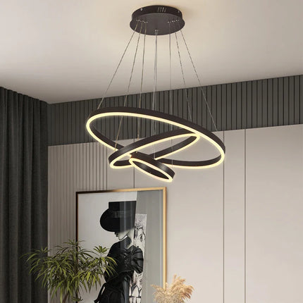 KOMORE Modern 3 Ring Aluminum Round Hanging LED Pendant Light Stepless Dimming & Cool White for Kitchen Living Room Hallway