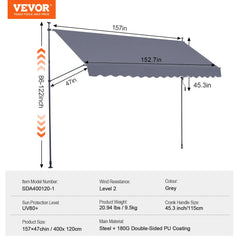 VEVOR Patio Awning Retractable Awning Sunshade Shelter with Manual Crank Handle Outdoor Canopy Sunsetter Deck for Balcony Yard