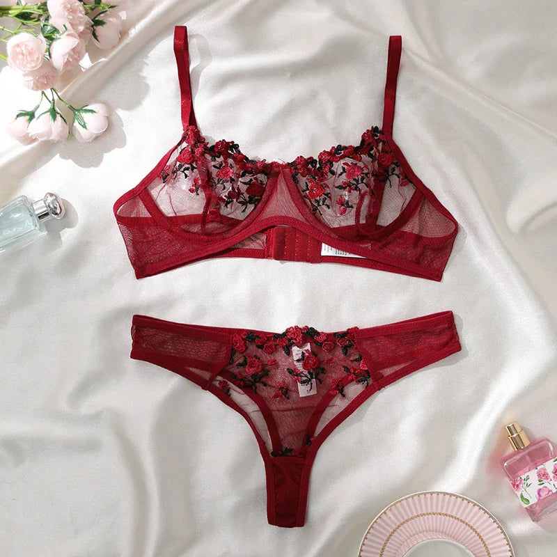 2-Pieces Fancy Sexy Lingerie Set Woman Semi-Sheer Women's Underwear Embroidery Beautiful Bra And Panty Sets Erotic Outfits