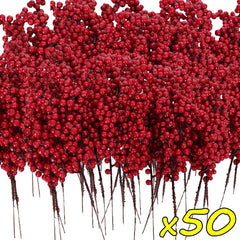 50/1branch Christmas Artificial Berries Stem Red Holly Berry Fake Flowers Plant for Xmas Tree New Year Party Home Decor Ornament