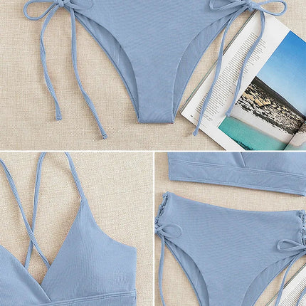 Cikini-V-Neck Split Bikini Set for Women, Sexy Swimsuit, Lace Up, Triangular Bikinis, Solid Color, Beach Swimwear, Bathing Suit