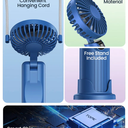 TOPK Portable Hand Held Fan,5000mAh 2-IN-1 Neck HandHeld Fan 180° Foldable Whisper-Quiet Brushless Motor Comes with Hanging Rope