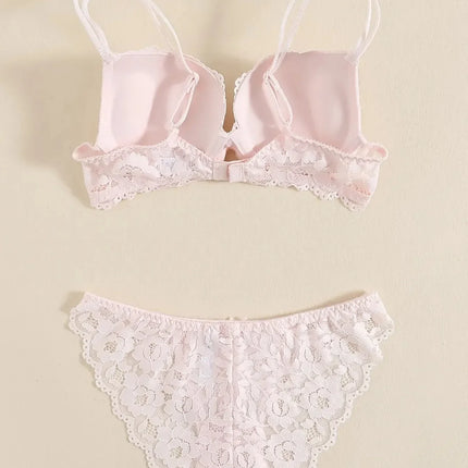 1 Set Elegant Erotic Lace Embroidery Breathable Fabric Lingeries : Push-Up Bra, Low Waist Sheer Panty - Ultimate Valentine's Day