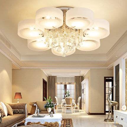 KOMORE Modern Round Acrylic LED Semi Flush Mount with Crystal Accent for Office, Living Room, Bedroom, Kitchen, Hallway, Porch