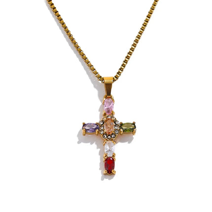Yhpup Delicate Colorful Bling Cubic Zirconia Cross Pendant Stainless Steel Luxury Necklace High-Grade Fashion Shiny Jewelry Gift