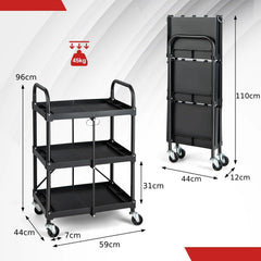 ERGOMASTER 3-Tier Folding Storage Trolley Heavy Duty Tool Cart Rolling Storage Organizer