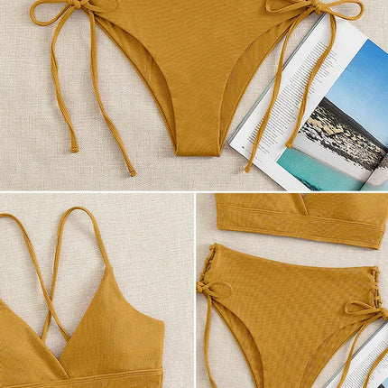 Cikini-V-Neck Split Bikini Set for Women, Sexy Swimsuit, Lace Up, Triangular Bikinis, Solid Color, Beach Swimwear, Bathing Suit