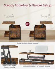 VASAGLE Lift Top Coffee Table, Living Room Table, with Storage Drawers, Hidden Compartments, and Open Shelf