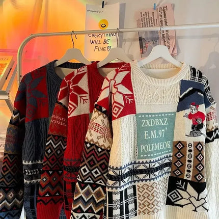 Christmas Sweater Men's Winter Loose-fit Casual Style Knitted Top Jacket American Vintage Fleece-lined Thickened Line Clothes