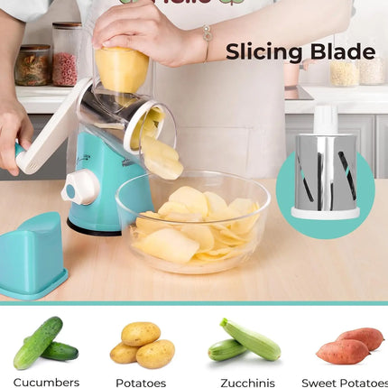 Manual Rotary Cheese Grater Shredder Kitchen Mandoline Vegetable Slicer with 3 Replaceable Stainless Steel Drum Blades YY001