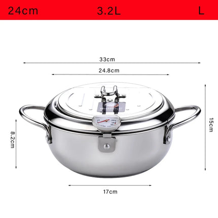 Japanese Deep Fryer With Thermometer and Lid 304 Stainless Steel Kitchen Tempura Fryer Pan Fryer Without Oil Frying Pan Fryer