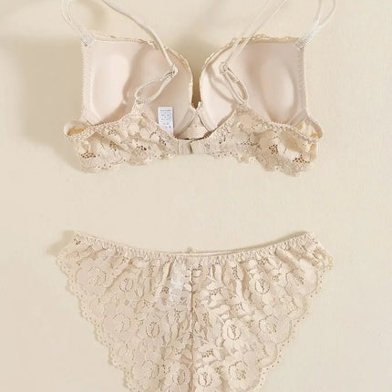 1 Set Elegant Erotic Lace Embroidery Breathable Fabric Lingeries : Push-Up Bra, Low Waist Sheer Panty - Ultimate Valentine's Day