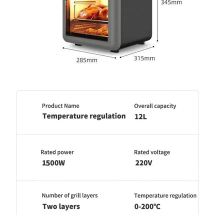 Electric Hot Air Fryer, 12L Large Capacity, 90% Less Oil, Convection Oven Deep Fryer, 360°Baking Viewable Window, Home Appliance