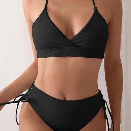 Cikini-V-Neck Split Bikini Set for Women, Sexy Swimsuit, Lace Up, Triangular Bikinis, Solid Color, Beach Swimwear, Bathing Suit