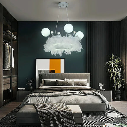 KOMORE Feather LED Pendant Light with Crystal Balls 18W 1980lm for Kitchen Living Room Hallway Entryway