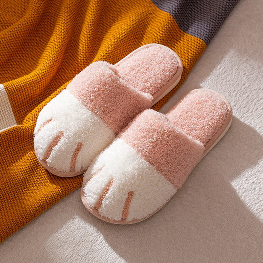 BEVERGREEN Winter Cute Cat Paw Designer House Women Fur Slippers Floor Mute Bedroom Lovers Warm Plush Shoes Indoor Fluffy Slides
