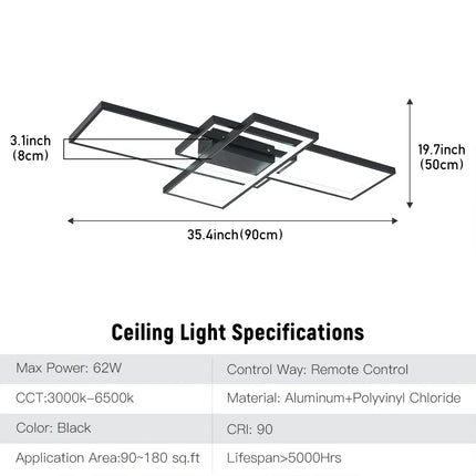 KOMORE Neutral Style Rectangular LED Semi Flush Ceiling Light, Cool White / Stepless Dimming for Office, Living Room