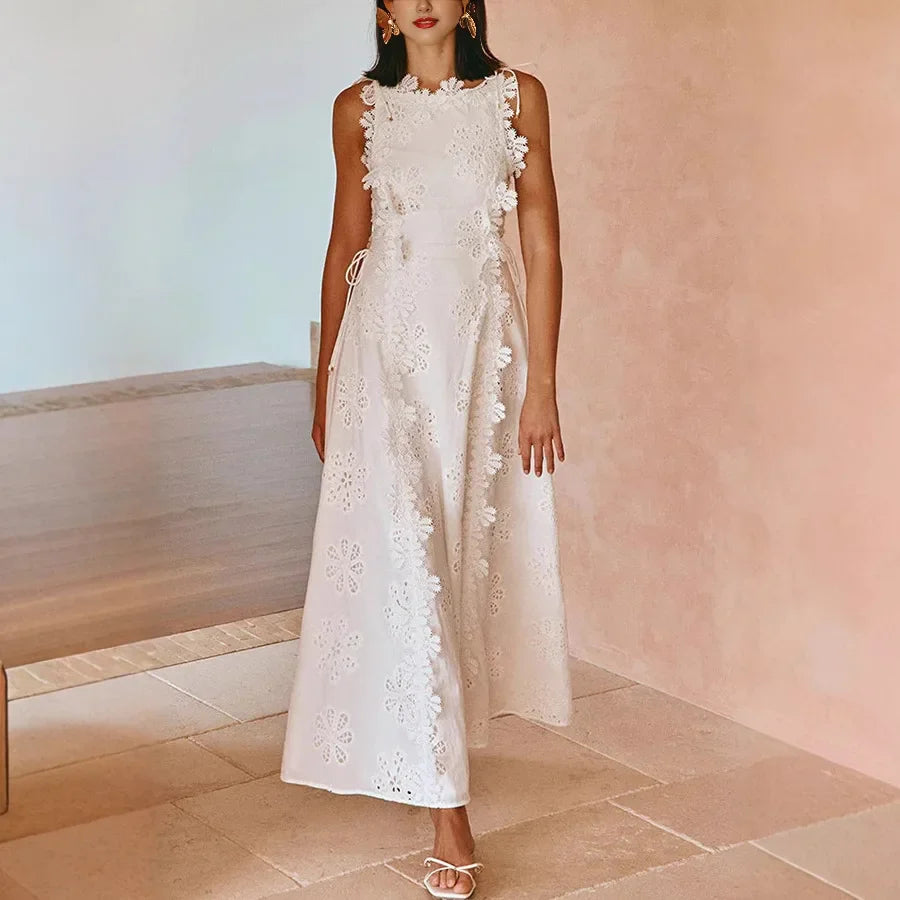 2025 Summer New Fashion Lace Embroidery Women Strap Resort Slimming Long Dress Simple Solid Color Female Banquet Dresses