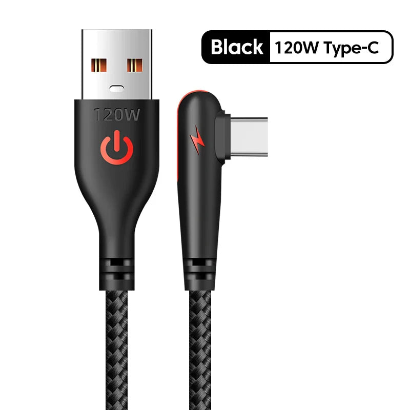 120W USB C Cable 90 Degree For OPPO Fast Charging Cord For Samsung S21 xiaomi 14 iPhone15 Quick Charging Data Wire Charger Cable