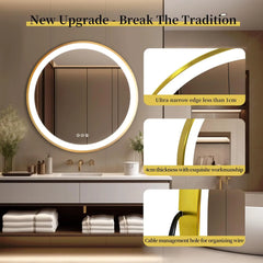 Bathroom Mirror with LED 60/80cm Round Illuminated Wall Mirror Aluminum Gold Frame Anti-fog 3 Lighting Color Memory Function