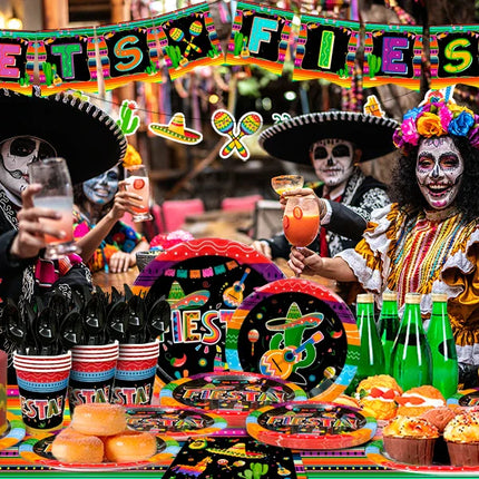Mexican Themed Fiesta Party Supplies,161pcs Paper Tableware Set Includes Mexican Fiesta Plates Cups Napkins etc for 20 Guests