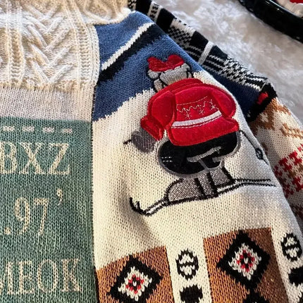 Christmas Sweater Men's Winter Loose-fit Casual Style Knitted Top Jacket American Vintage Fleece-lined Thickened Line Clothes