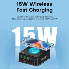 160W 5 Ports USB Charger Staion 15W Wireless Charging PD 65W QC3.0 Type C Fast Charger for iPhone 15 Pro Macbook Samsung Laptop