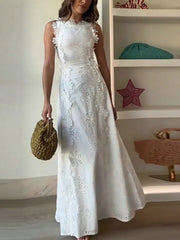 Embroidery Flower Patchwork Long Dress For Women Round Neck Sleeveless Lace Up High Waist Spliced Slim Dresses 2025 Summer New