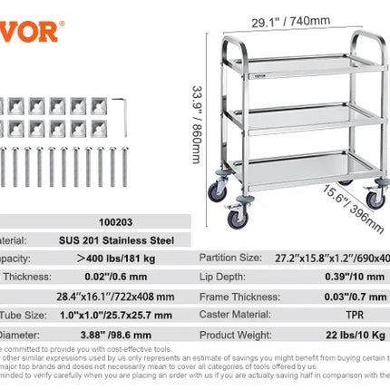 VEVOR Stainless Steel Cart 3/2/1 Layers Lab Utility Cart Medical Cart W/ Lockable Universal Wheels for Lab Clinic Kitchen Salon