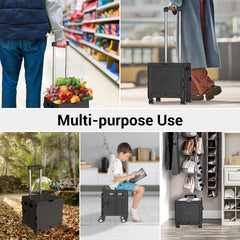 Folding Utility Cart Portable 360° Rolling Wheels Telescopic Handle Trolley Collapsible Shopping Box with Lid for Camping Office