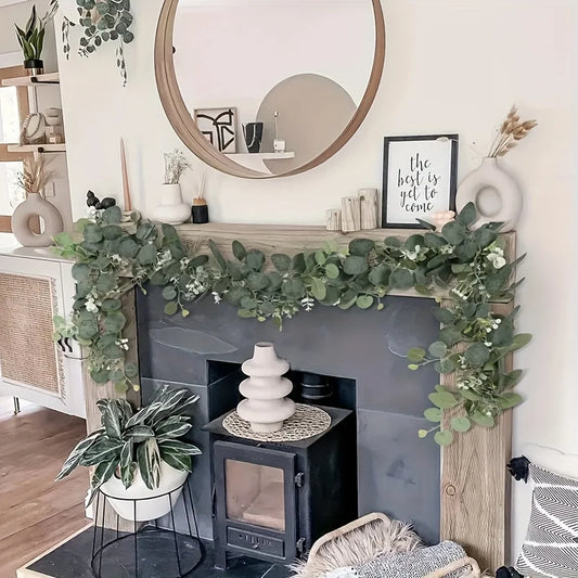 Lush 70.8" Faux Eucalyptus Garland With White Flowers - Perfect For Home & Holiday Decor, Wall Hanging, Yard, And Party Accents