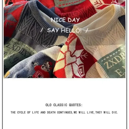 Christmas Sweater Men's Winter Loose-fit Casual Style Knitted Top Jacket American Vintage Fleece-lined Thickened Line Clothes