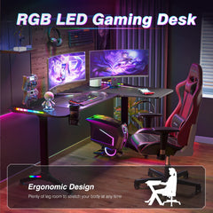 L Shape Corner Desk Game Table with 6 Colors RGB Light Headphone Hook and Cup Holder