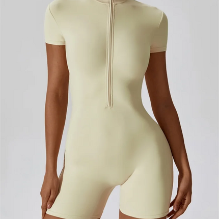 European and American nude one-piece yoga suit with stand up collar, half zipper, short sleeved fitness jumpsuit, tight fitting