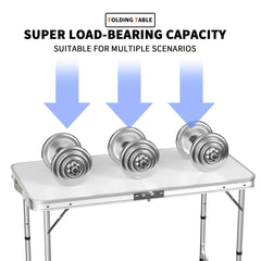Features:  - Folding table with carry handle  - Moulded plastic top - includes handy carrying handle  - Sturdy aluminum alloy fr