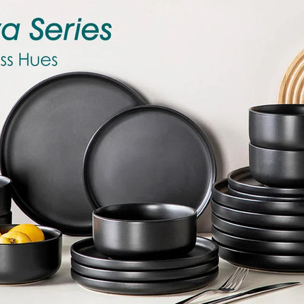 vancasso 18/24PCS Black Ceramic Plate Sets Mediterranean Blue Stoneware Dinner Set with 6PCS Dinner Plate/Dessert/Bowl/Soup