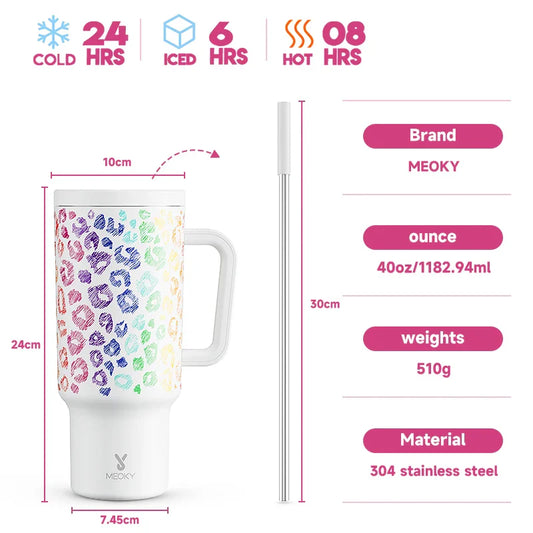Meoky 40oz Cup Tumbler with Handle Straw Stainless Steel Multi-Prints Coffee Cup Travel Water Bottle Leak-Proof Car Mug Gifts