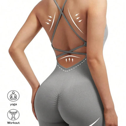 Sexy Fitness Jumpsuit Women Cross Adjustable Sports Playsuit Running One Piece Yoga Suit Scrunch Shorts Backless Set Romper