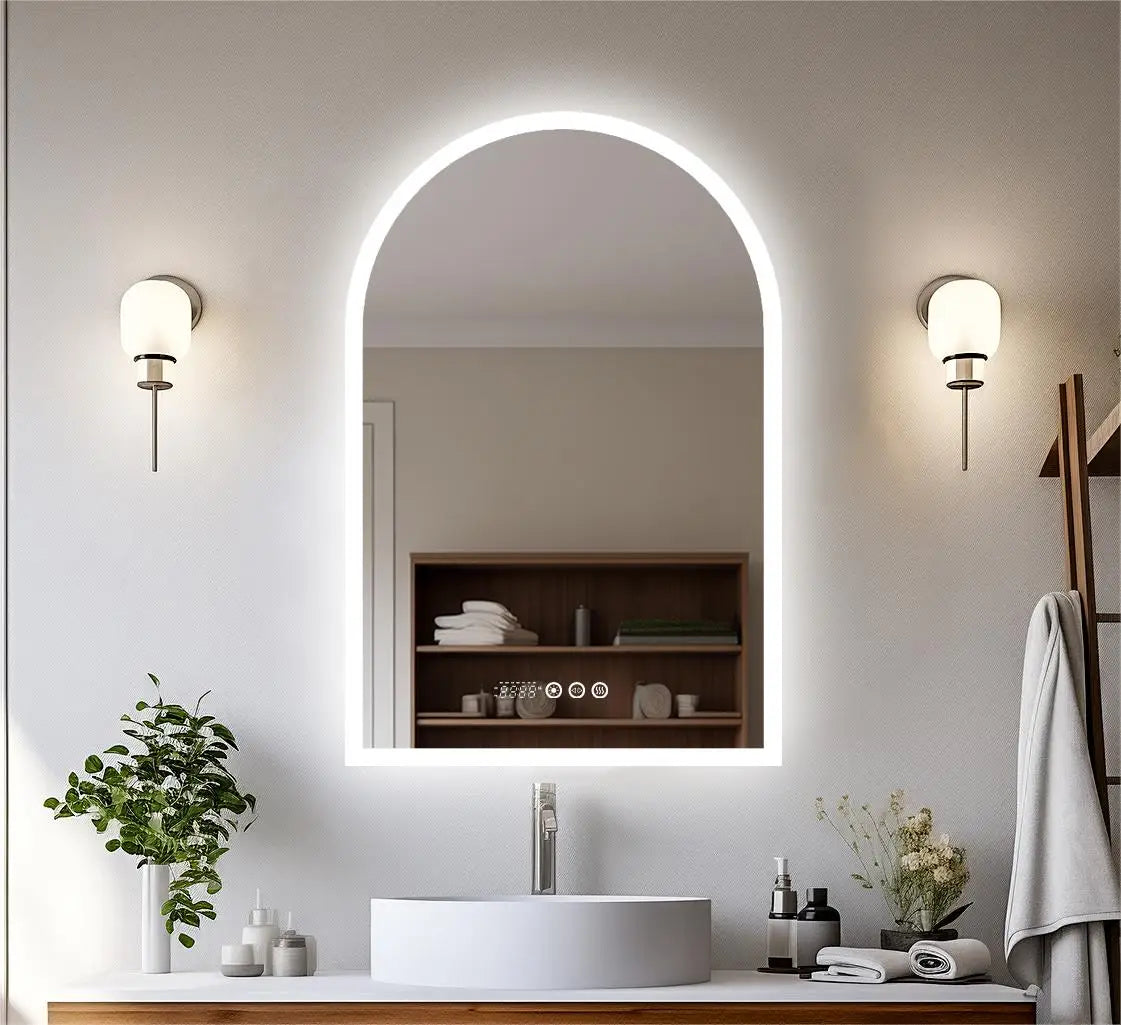 60x90CM Vertical Arch-Shape LED Bathroom Mirror Backlit Frameless Lighted Antifog Mirror Time Temperature Display