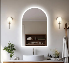 60x90CM Vertical Arch-Shape LED Bathroom Mirror Backlit Frameless Lighted Antifog Mirror Time Temperature Display