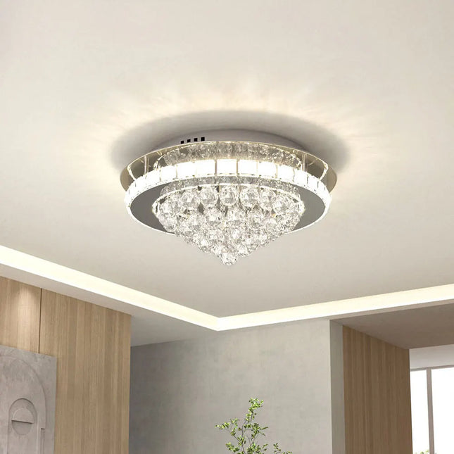 KOMORE Round Crystal-droplets LED Semi Flush Mount Ceiling Light, 36 W Polished Chrome Cool White / Stepless Dimming