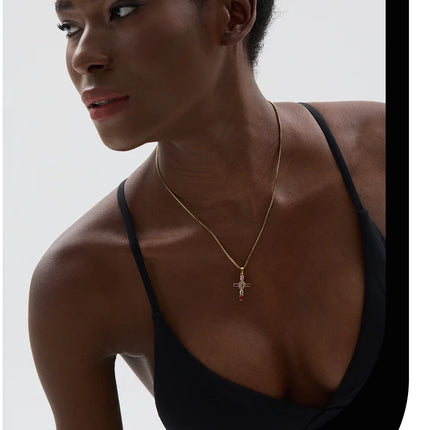 Yhpup Delicate Colorful Bling Cubic Zirconia Cross Pendant Stainless Steel Luxury Necklace High-Grade Fashion Shiny Jewelry Gift