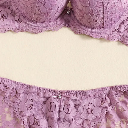 1 Set Elegant Erotic Lace Embroidery Breathable Fabric Lingeries : Push-Up Bra, Low Waist Sheer Panty - Ultimate Valentine's Day