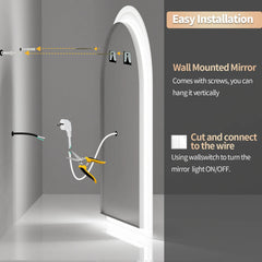 60x90CM Vertical Arch-Shape LED Bathroom Mirror Backlit Frameless Lighted Antifog Mirror Time Temperature Display