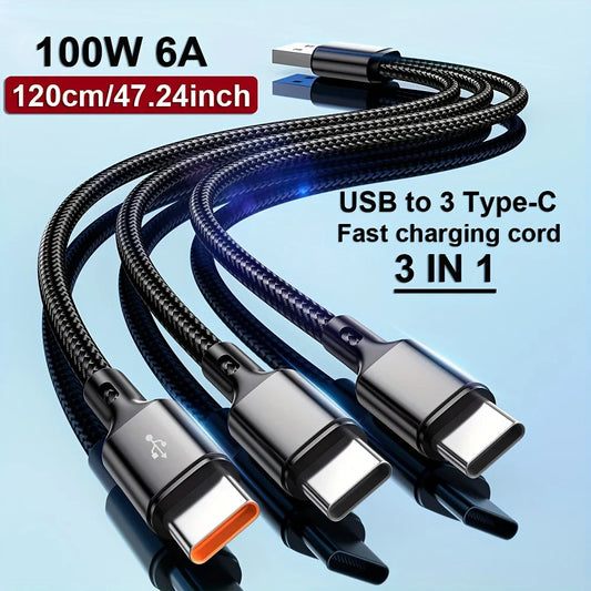 3 In 1 100W 6A USB-A to 3 ×Type-C Fast Charging Data Cable For Samsung S24 Xiaomi Huawei Android Phone USB C Data Transfer Cord