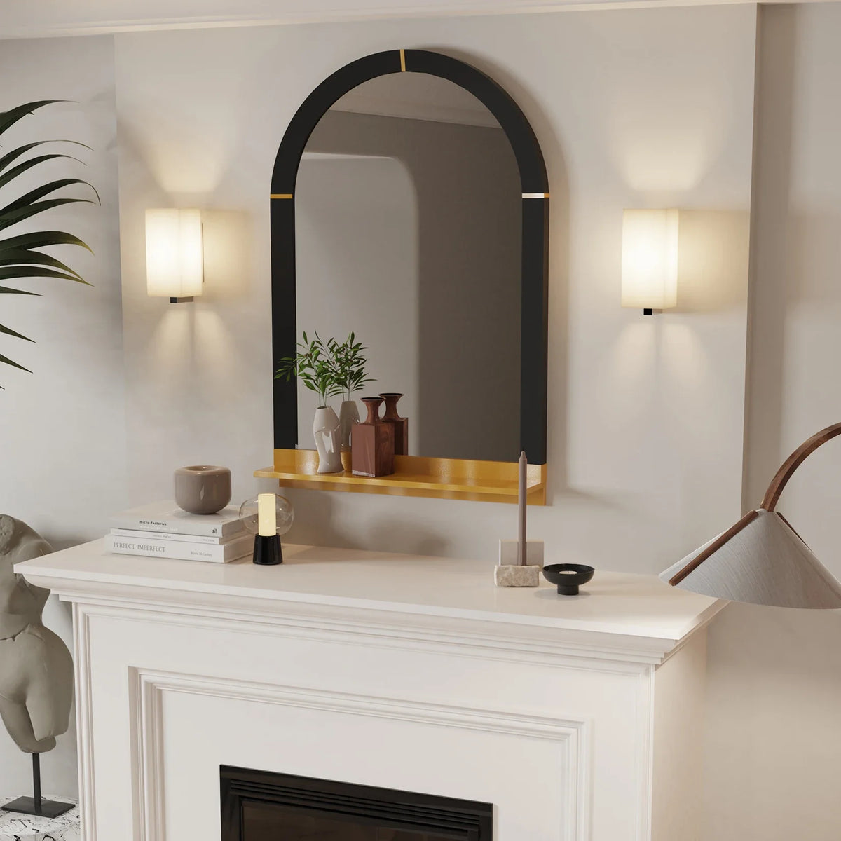 Modern Arched Wall Mirror with Shelf, Living Room, Entryway, Gold Decorative Mirror, 20x30 in
