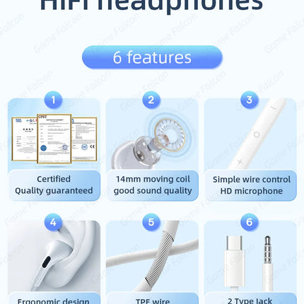 Type C Wired Earphones For Apple iPhone 15 Pro Max In-Ear With Microphone For Sumsung Onepuls Xiaomi Redmi Huawei USB C Earpbuds