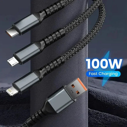 Luminous data cable 3 in1 mobile phone charging cable 100W fast charge braid typec data cable for iPhone Samsung Xiaomi Huawei